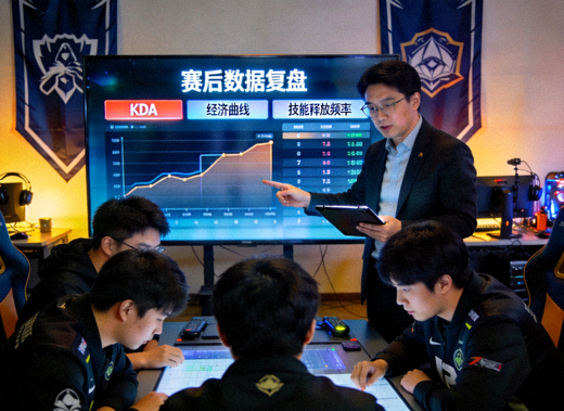 电竞战队教练与选手在赛后进行数据复盘的场景